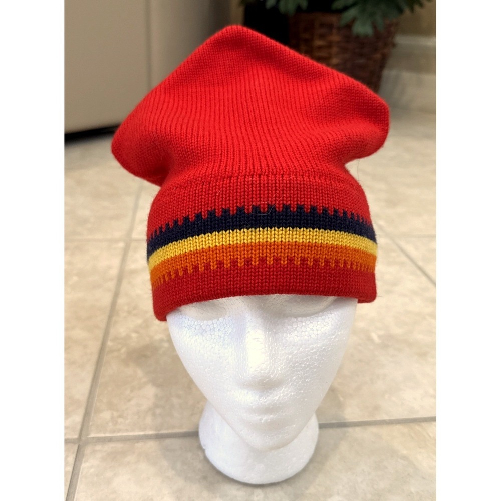 Vintage Wigwam Mills Red Virgin Wool Beanie Striped Knit Hat Made in USA Mens